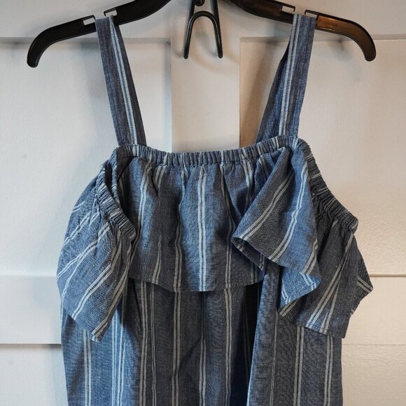 NWT, J. Crew Factory, Striped Chambray Ruffle-neck Cold Shoulder Dress, Blue - Picture 3 of 9